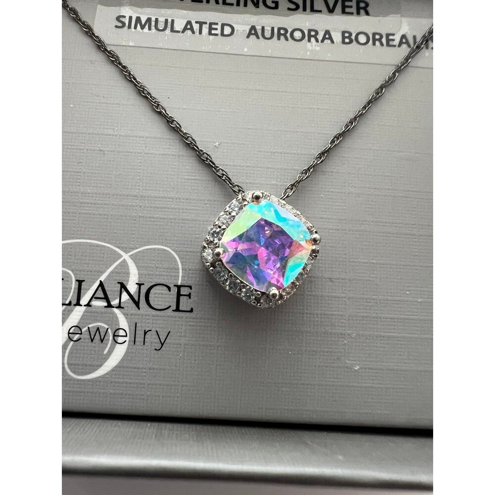 Sterling Silver necklace simulated Aurora Borealis crystal halo pendant New